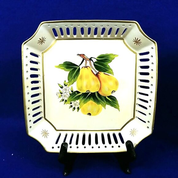 Hand Painted Ceramic Plates Pears Cherries Motif Square Lattice Design 2-Pc Set - Picture 2 of 9